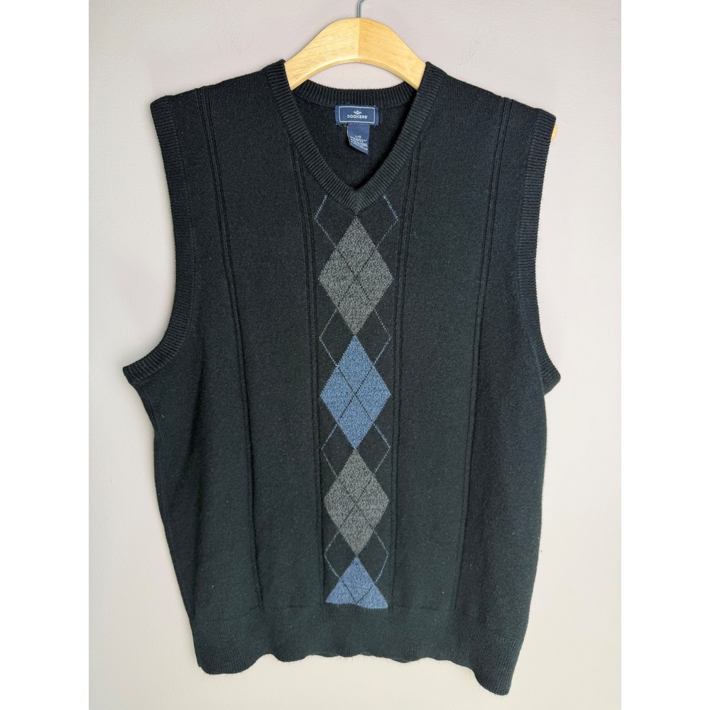 Dockers Mens Large Black Argyle V-Neck Sleeveless Sweater Vest Acrylic Knit